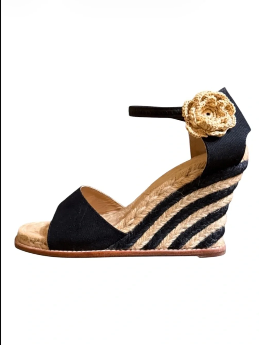 Vintage Kate Spade Grenada Black Canvas Espadrille  Tan Black Wedge Ankle Strap